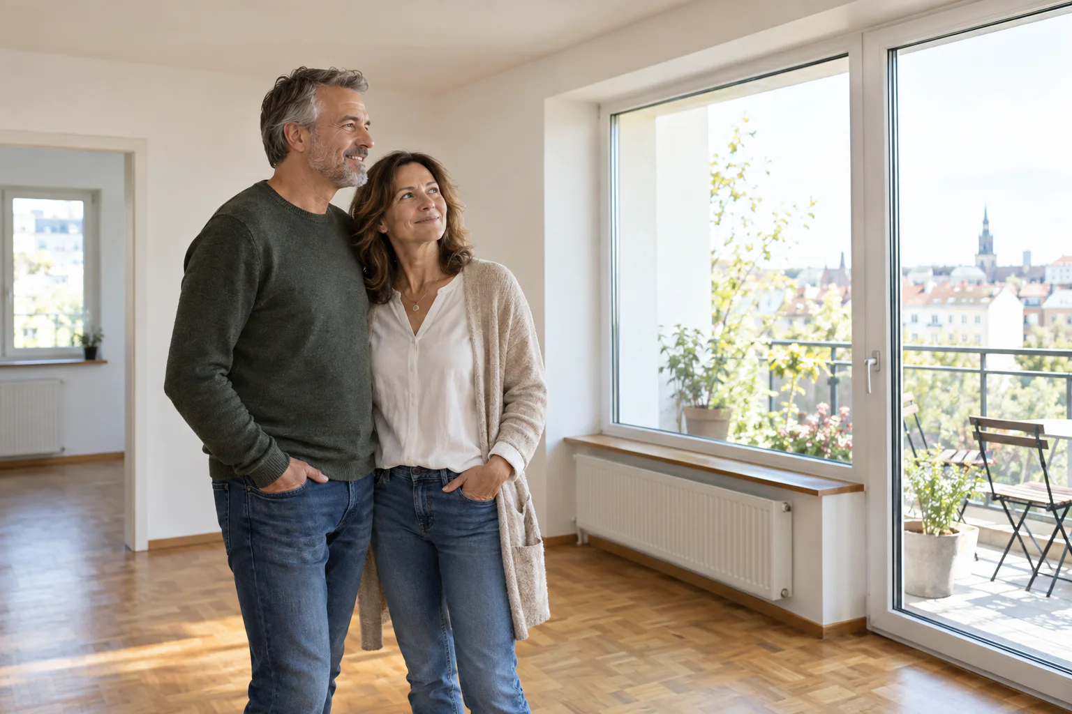 Paar betrachtet gemeinsam eine helle kleinere Wohnung